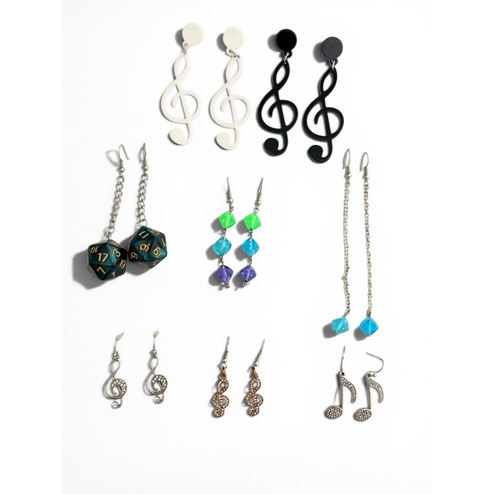 Lot of 8 Pairs Novelty Dangle Earrings Treble Clef Music Note Dice D20 Gamer De